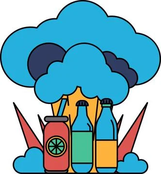 A cartoon of a cloud with three bottles of juice and a jar of juice イラスト素材