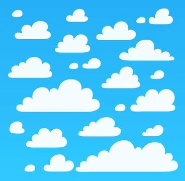 Cartoon clouds on blue sky background vector design. Illustration of flufy white Stock Illustration