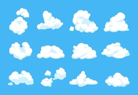 Cartoon clouds. Blue sky panorama heaven atmosphere vintage 2D fluffy white Ilustración de archivo