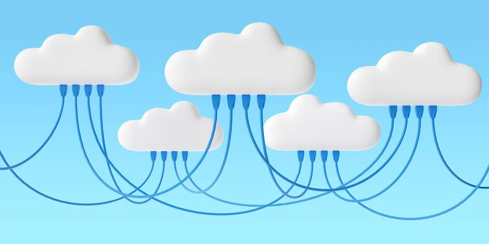 Cartoon clouds connected by cables. Internet concept. 3d illustration. Stock Illustration