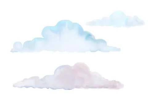 Cartoon clouds isolated on white background. Hand drawn colorful watercolor.. Stock Illustration