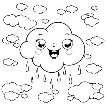 Cartoon clouds raining. Vector black and white coloring page Stock Illustration
