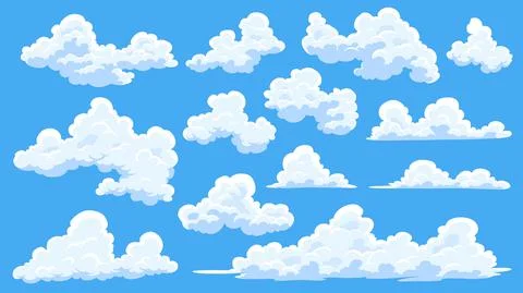 Cartoon clouds set. Abstract white cloudscape icon symbols. Vector cloudy Stock Illustration
