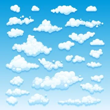 Cartoon Clouds Set On Blue Sky Background. Set of funny cartoon clouds, smo.. Stock Illustration