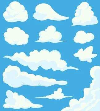 Cartoon Clouds Set On Blue Sky Background. Illustration of a collection of .. Stock Illustration