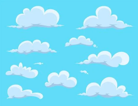 Cartoon Clouds Set isolated on blue background. Vector collection of clouds f Stock Illustration