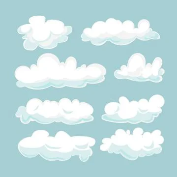 Cartoon clouds set isolated on blue background. Cloudscape in blue sky, white Stock Illustration