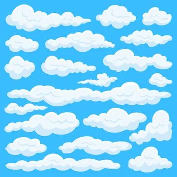 Cartoon clouds set. Isolated cloud clipart, art game elements. Blue sky, flat 스톡 일러스트