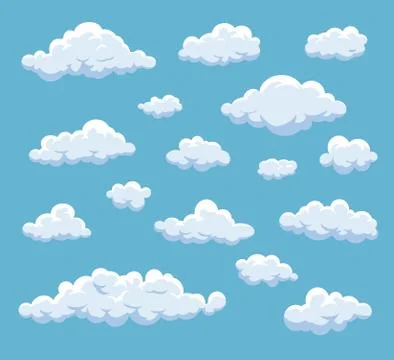 Cartoon Clouds Set. Vector cloud isolated on blue sky. Stock Illustration