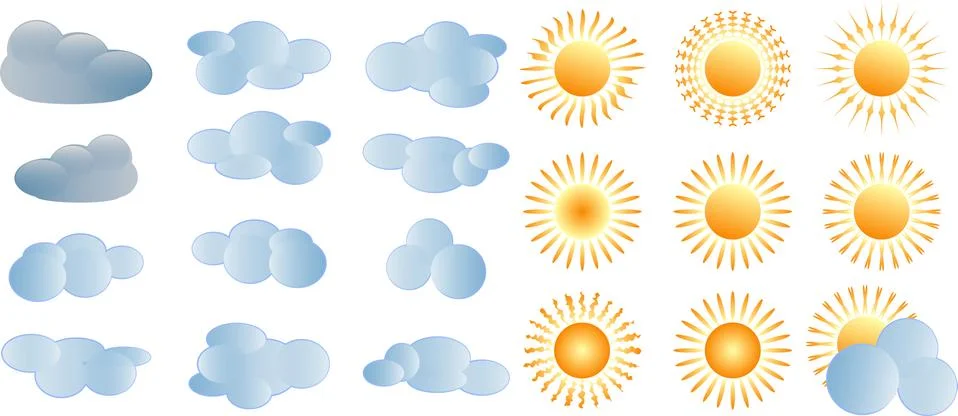 Cartoon clouds, the sun set on blue sky background. Collection icons. 스톡 일러스트