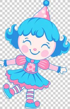 Cartoon clown is dancing on transparent background, with polka-dot hat, puffed Stock Illustration