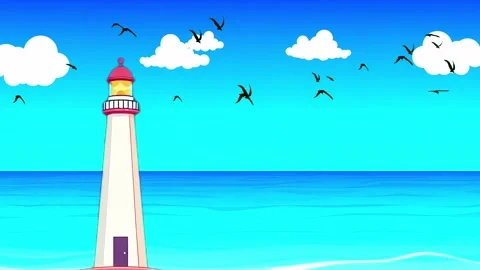 Cartoon Coastal Beacon: A Simple View of a White Lighthouse Against a Bright Bl Stock Footage 308846009