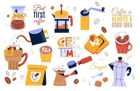 Cartoon coffee elements and text. Food and drinks sticker, sweet desserts and Stock Illustration