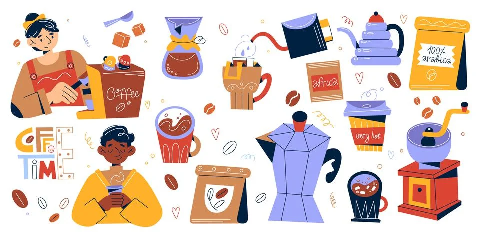 Cartoon coffee elements. Different hot drink utensils, barista and visitor Illustrazione stock