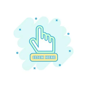 Cartoon colored click here icon in comic style. Hand cursor finger illustrati Stock Illustration
