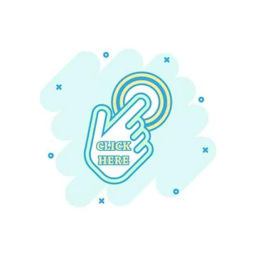 Cartoon colored click here icon in comic style. Hand cursor finger illustrati Stock Illustration