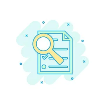 Cartoon colored document icon in comic style. Document files zoom sign illust Stock Illustration