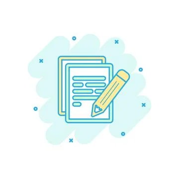 Cartoon colored document with pencil icon in comic style. Note illustration p Stock Illustration
