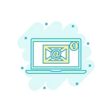 Cartoon colored email envelope message on laptop icon in comic style. Mail il Stock Illustration