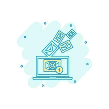 Cartoon colored email envelope message on laptop icon in comic style. Mail il Stock-Illustration