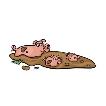 Cartoon colored pig with piglets in the mud vector illustration Illustrazione stock