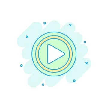 Cartoon colored play button icon in comic style. Play sign illustration picto Stock Illustration