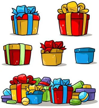 Cartoon colored presents and different gift boxes Stock Illustration