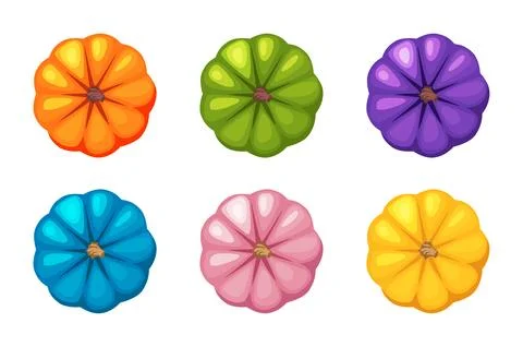 Cartoon colored pumpkins, top view. Symbol Happy Thanksgiving and Happy Hal.. Stock Illustration