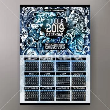 Cartoon colorful hand drawn doodles Winter Sport 2019 year calendar template. Stock Illustration