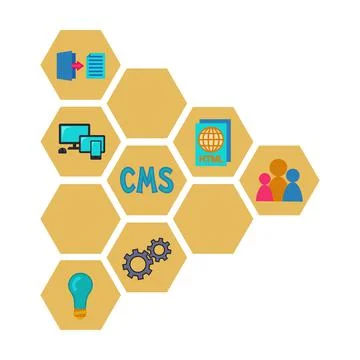 Cartoon colorful pattern of cms elements. Hexagon arrow point right Stock Illustration
