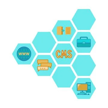 Cartoon colorful pattern of cms elements. Hexagon arrow point left Stock Illustration
