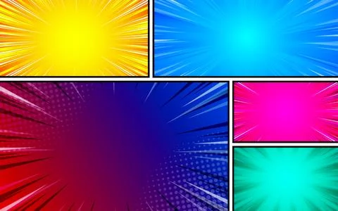 Cartoon comic background set. Colorful comic poster with halftone elements... Illustrazione stock