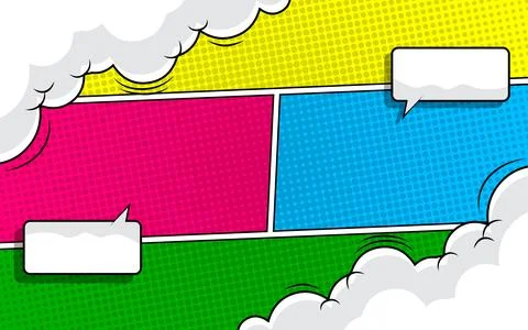 Cartoon comic background set. Colorful comic poster with halftone elements... Illustrazione stock