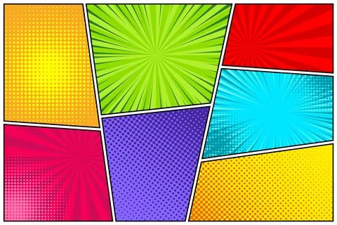 Cartoon comic backgrounds set. Comics book colorful poster with halftone 스톡 일러스트