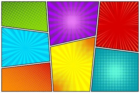 Cartoon comic backgrounds set. Comics book colorful poster with halftone Stock Illustration