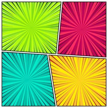 Cartoon comic backgrounds set. Comics book colorful poster with radial lines Stock Illustration