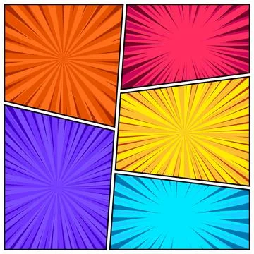 Cartoon comic backgrounds set. Comics book colorful poster with radial lines Stock Illustration