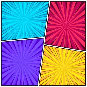 Cartoon comic backgrounds set. Comics book colorful poster with radial lines Stock Illustration