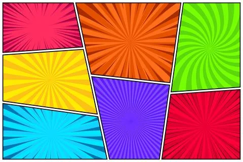 Cartoon comic backgrounds set. Comics book colorful poster with radial lines Stock Illustration