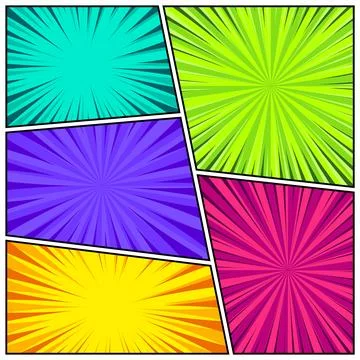 Cartoon comic backgrounds set. Comics book colorful poster with radial lines Stock Illustration
