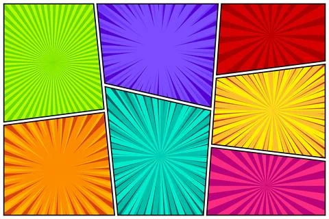 Cartoon comic backgrounds set. Comics book colorful poster with radial lines Stock Illustration