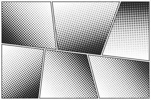 Cartoon comic backgrounds set. Comics book black and white poster with halftone Stock Illustration