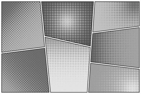 Cartoon comic backgrounds set. Comics book black and white poster with halftone Illustrazione stock