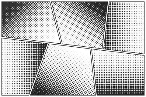 Cartoon comic backgrounds set. Comics book black and white poster with halftone Stock Illustration