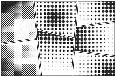 Cartoon comic backgrounds set. Comics book black and white poster with halftone Stock Illustration