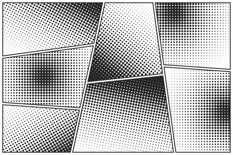 Cartoon comic backgrounds set. Comics book black and white poster with halftone Stock Illustration