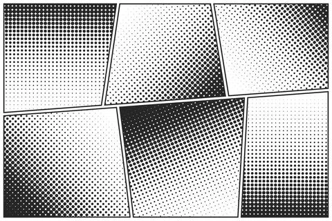 Cartoon comic backgrounds set. Comics book black and white poster with halftone 스톡 일러스트