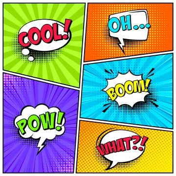 Cartoon comic backgrounds set. Speech bubble. Comics book colorful poster with Stock Illustration