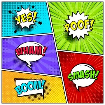 Cartoon comic backgrounds set. Speech bubble. Comics book colorful poster with Stock Illustration