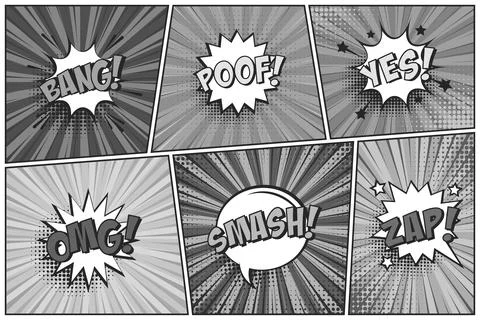 Cartoon comic backgrounds set. Speech bubble. Comics book black and white poster Stock Illustration